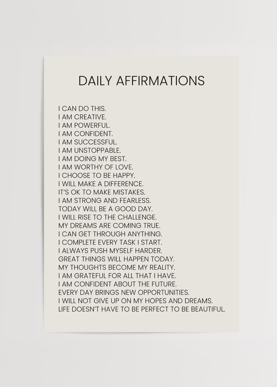 Daily Affirmations – Minimal Yazı Poster featuring empowering text.