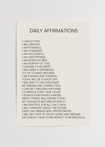 Daily Affirmations – Minimal Yazı Poster featuring empowering text.