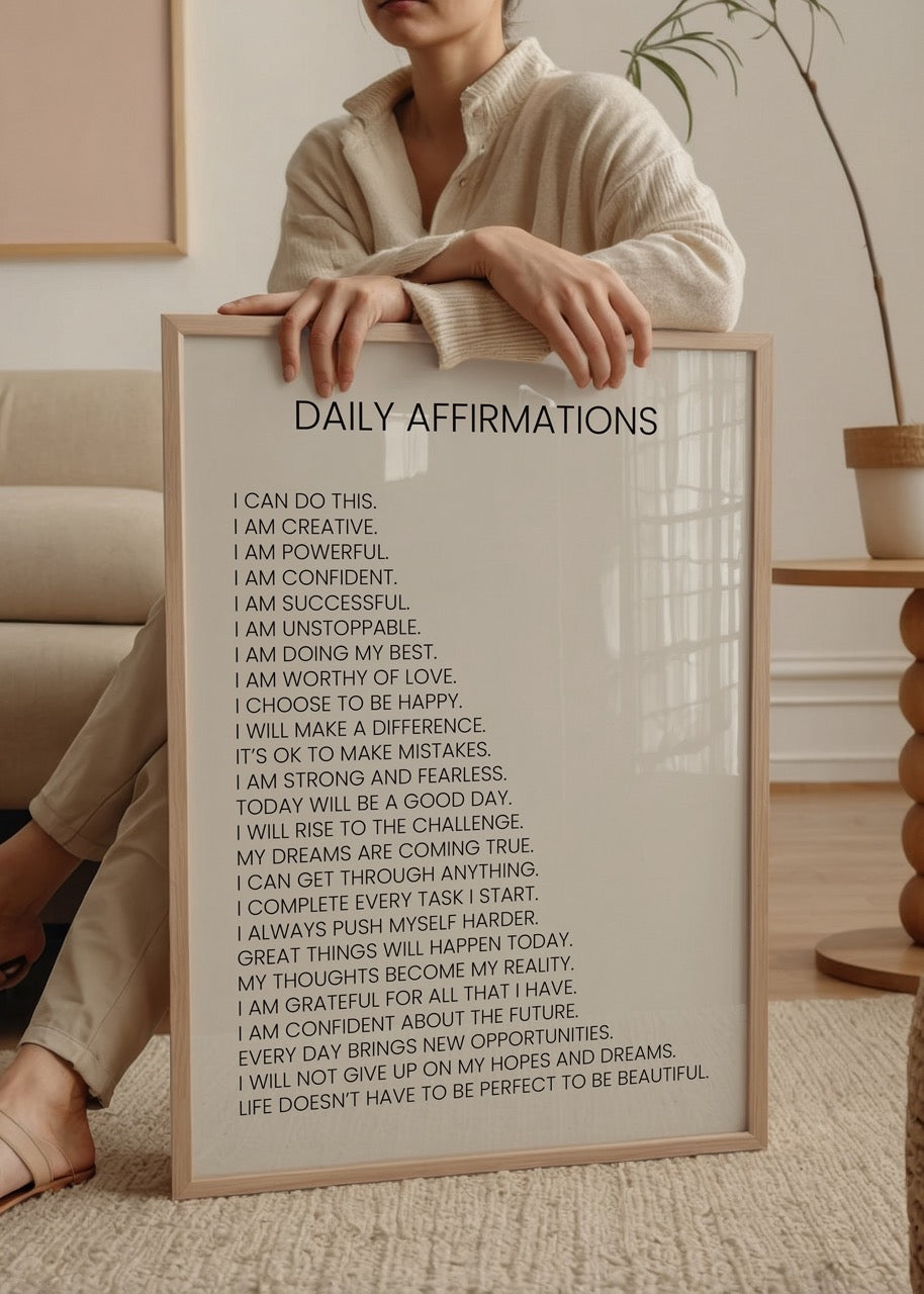 Daily Affirmations – Minimal Yazı Poster featuring empowering text.