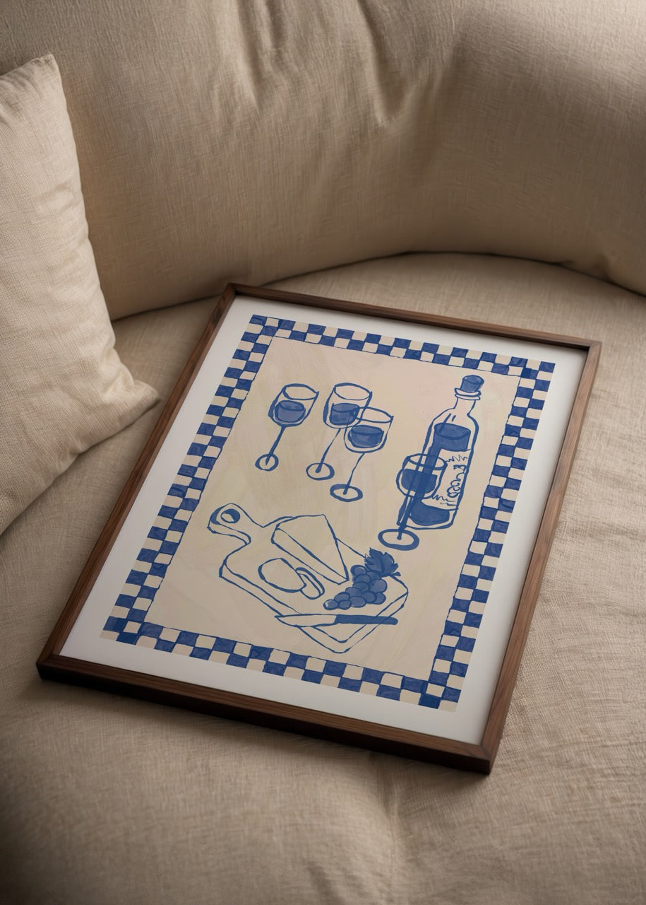 Illustrative poster of a wine and cheese platter with checkered border.