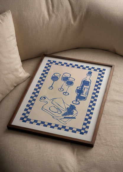 Illustrative poster of a wine and cheese platter with checkered border.