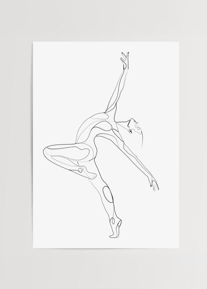 Minimalist line art poster depicting a dancer in fluid motion.
