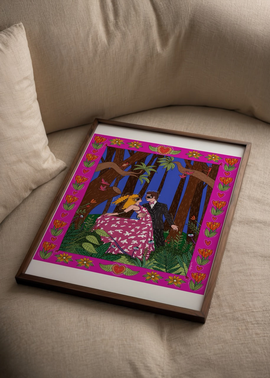 Vibrant illustration of a couple dancing in a lush garden setting.