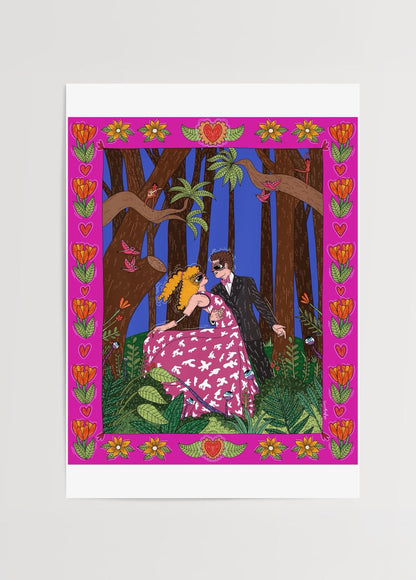 Vibrant illustration of a couple dancing in a lush garden setting.