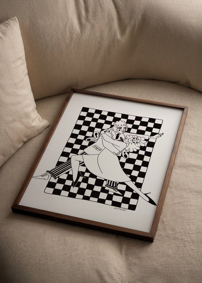 Black and white dancing illustration with bold geometric background.