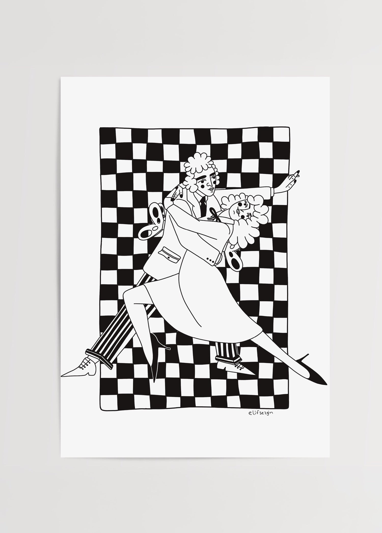Black and white dancing illustration with bold geometric background.