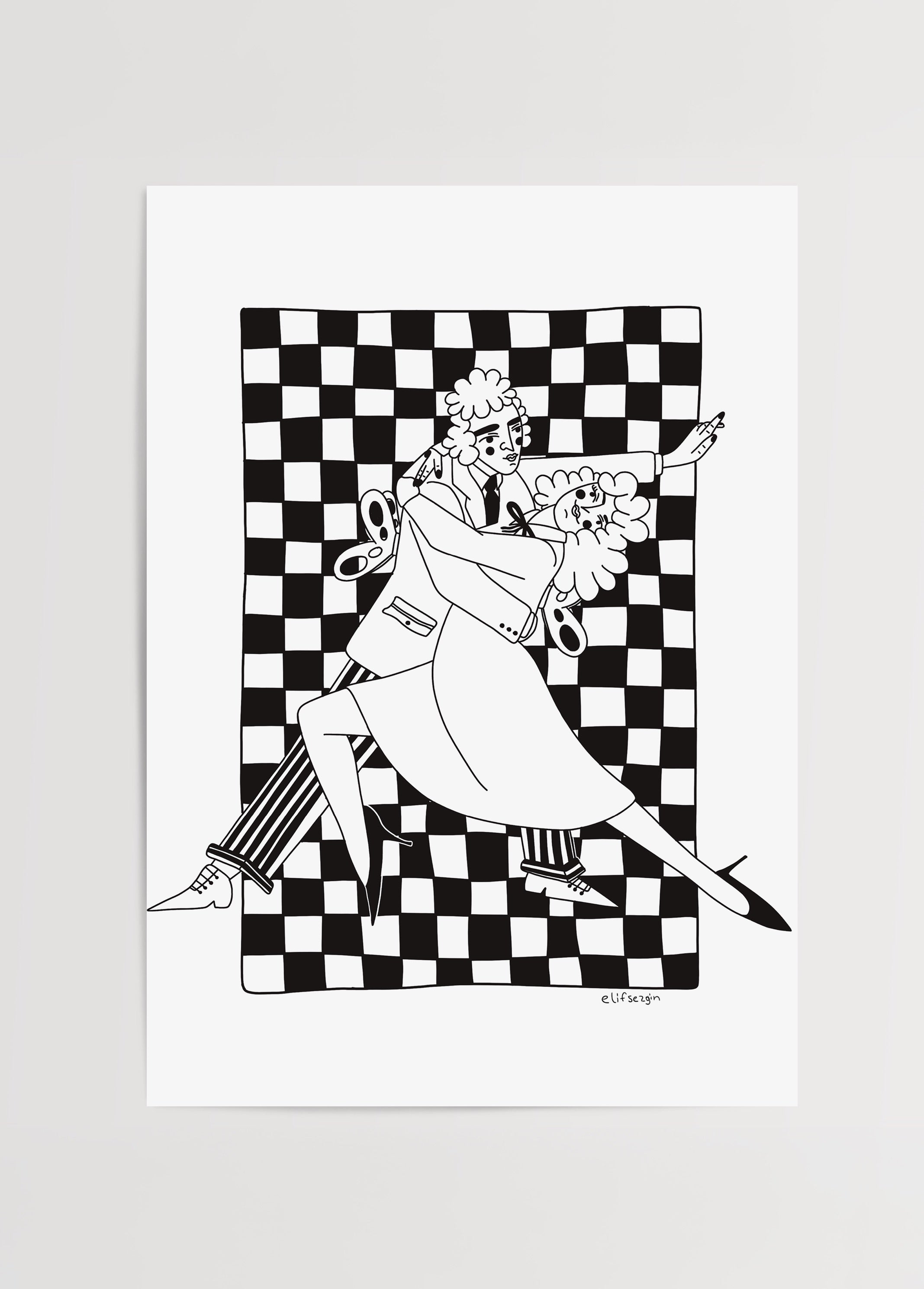 Black and white dancing illustration with bold geometric background.
