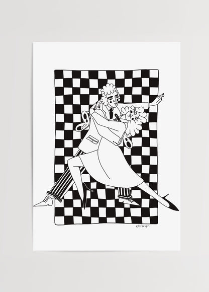 Black and white dancing illustration with bold geometric background.