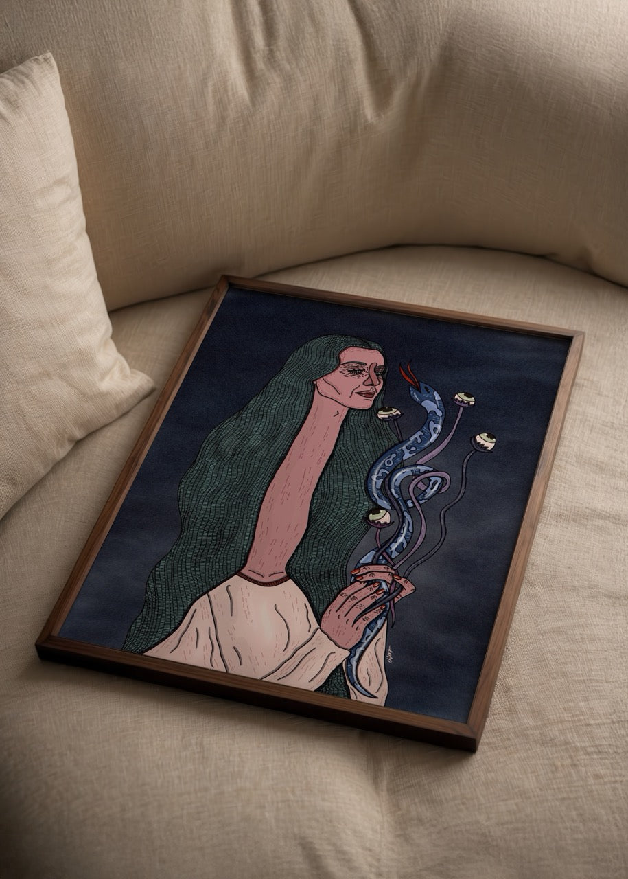 Illustrative artwork featuring a figure with snakes on a dark background.