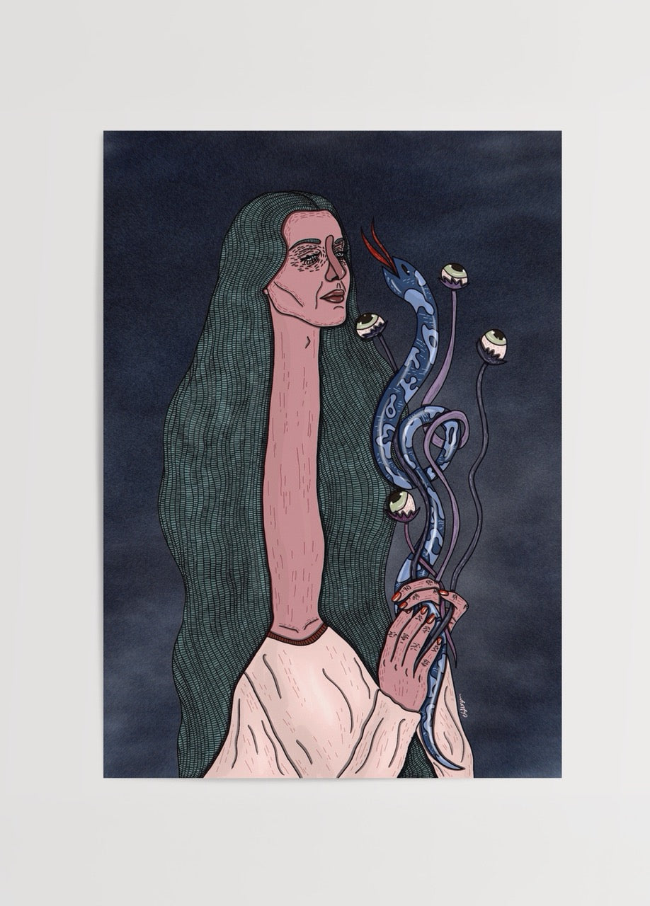 Illustrative artwork featuring a figure with snakes on a dark background.