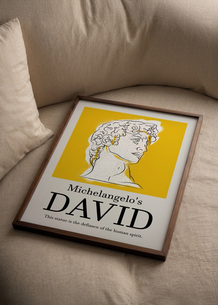A bold David poster print featuring a classical sculpture on a yellow background, perfect for wall art and interior styling.