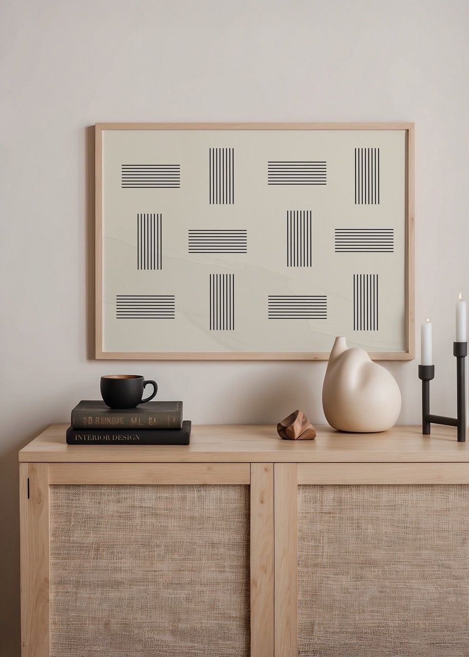 Geometric wall art print featuring black lines on beige background for stylish interior decor.