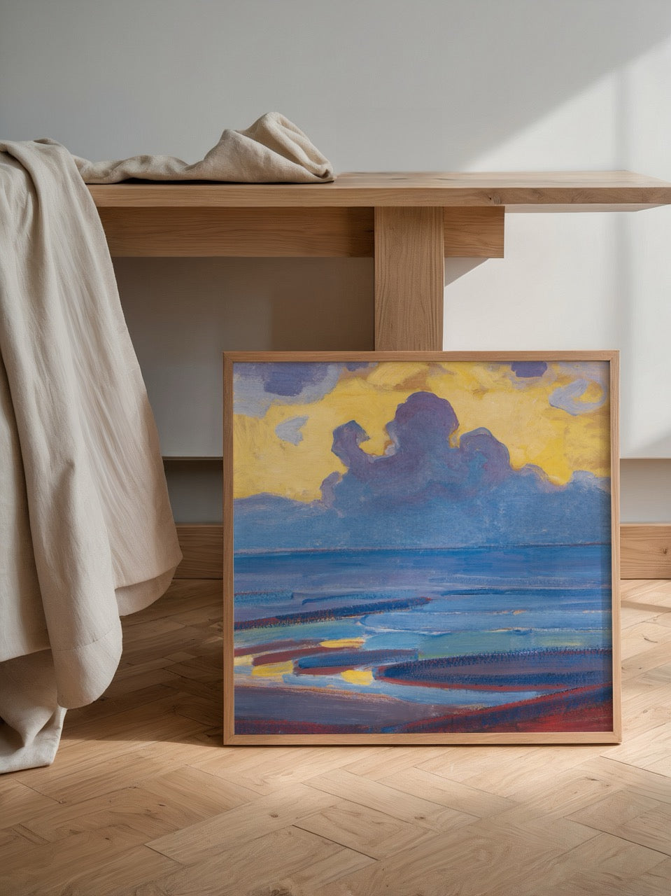 Art print of a serene coastal landscape with blues and warm tones.