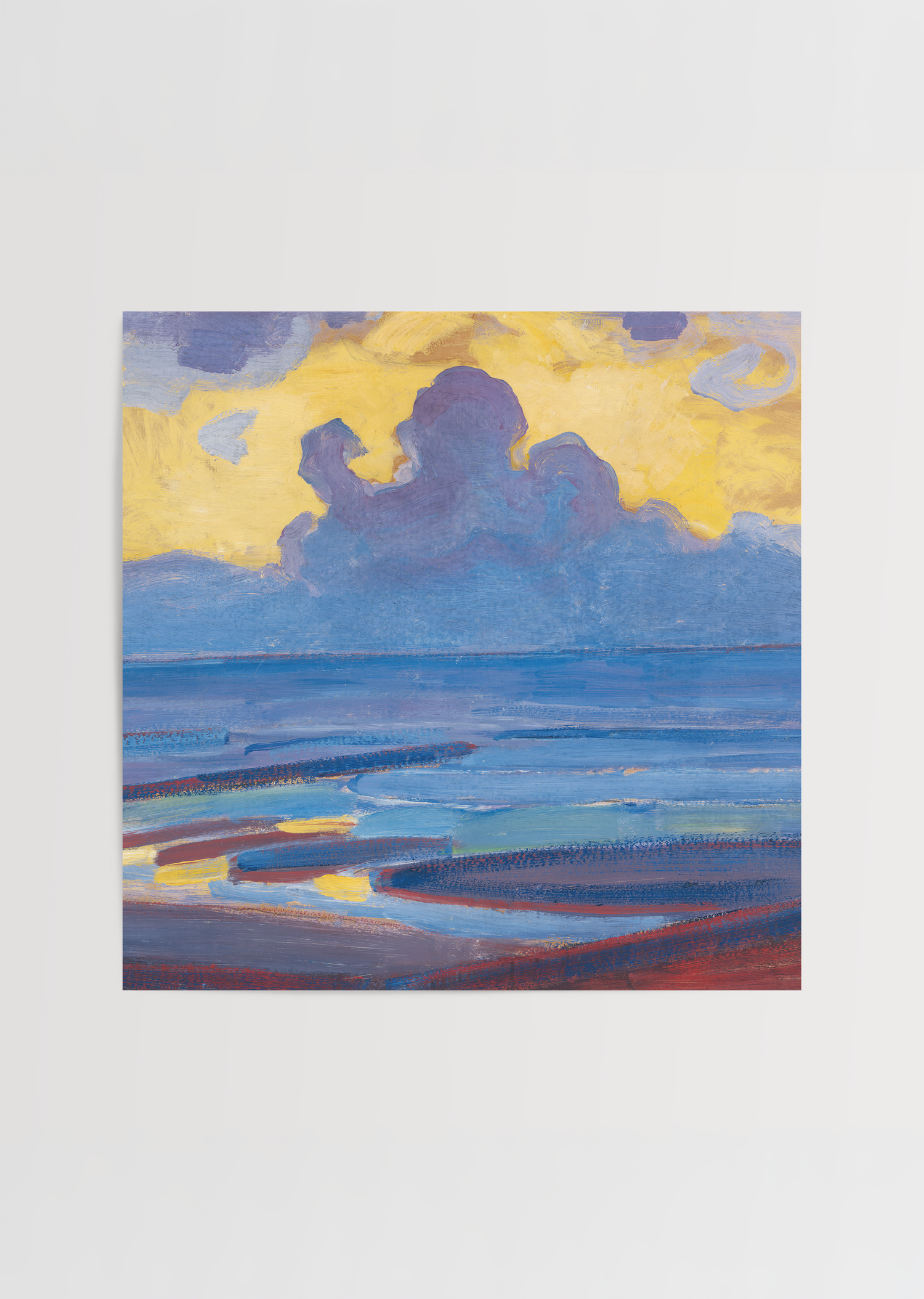 Art print of a serene coastal landscape with blues and warm tones.