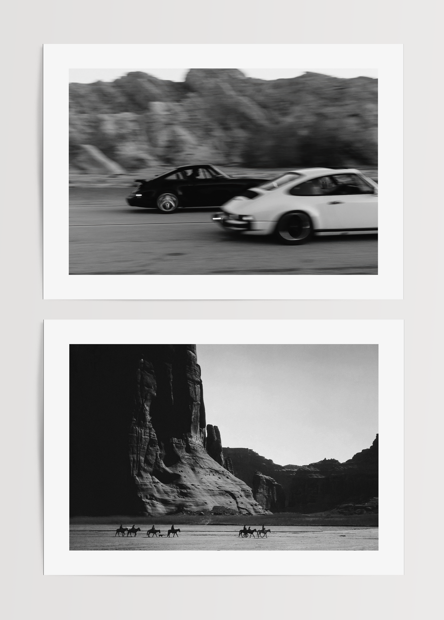 Dynamic desert photography showcasing cars and horses in motion.