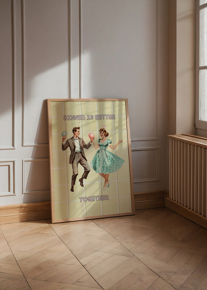 Retro kitchen poster celebrating togetherness at dinner with a couple.