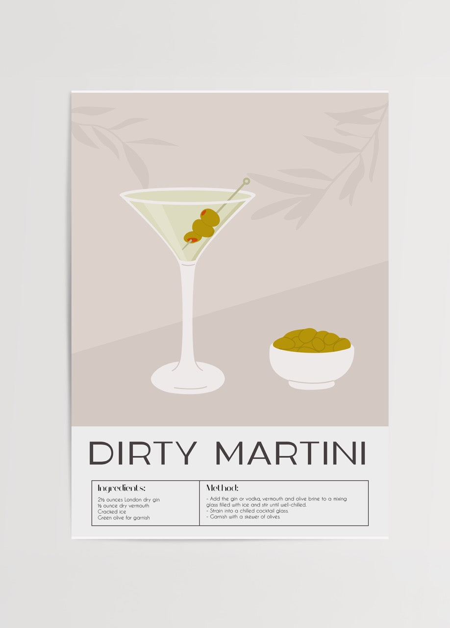 Illustration of a dirty martini cocktail with olives, ideal for kitchen decor.