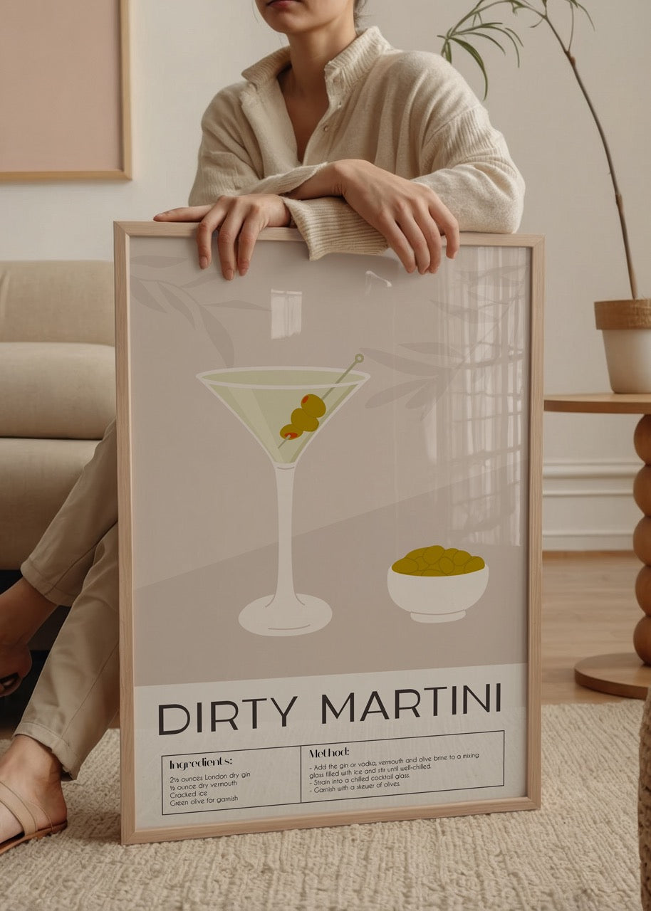 Illustration of a dirty martini cocktail with olives, ideal for kitchen decor.