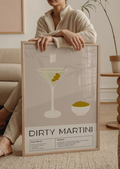 Illustration of a dirty martini cocktail with olives, ideal for kitchen decor.