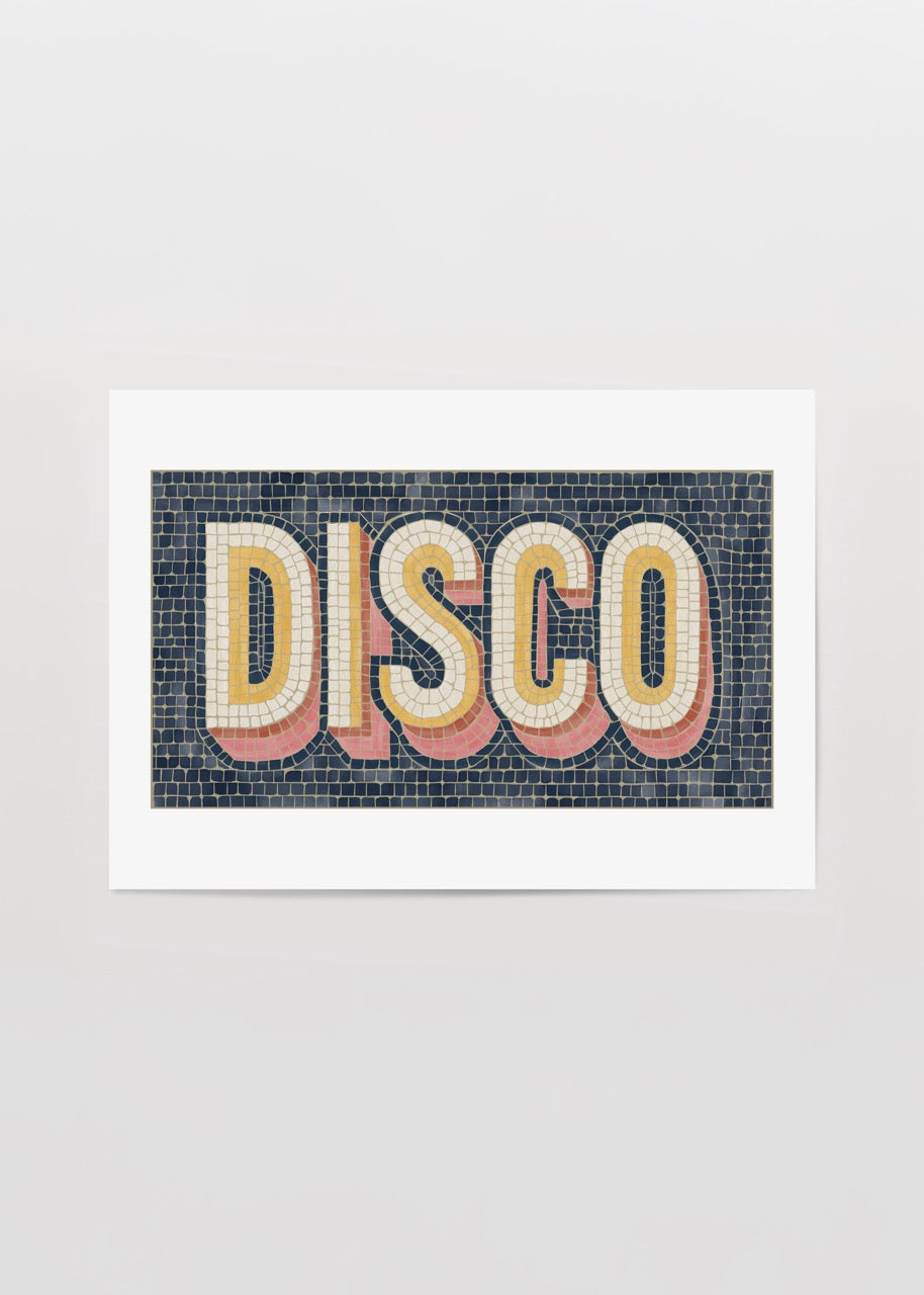 Vibrant disco-themed wall art featuring bold typography on a textured background.