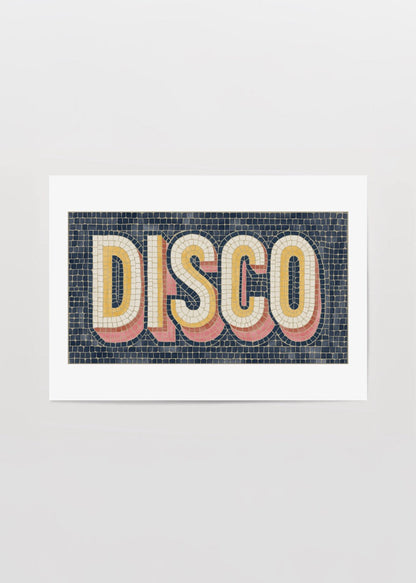 Vibrant disco-themed wall art featuring bold typography on a textured background.