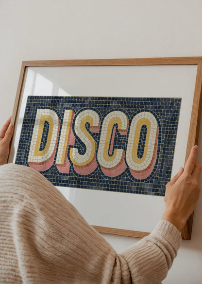 Vibrant disco-themed wall art featuring bold typography on a textured background.