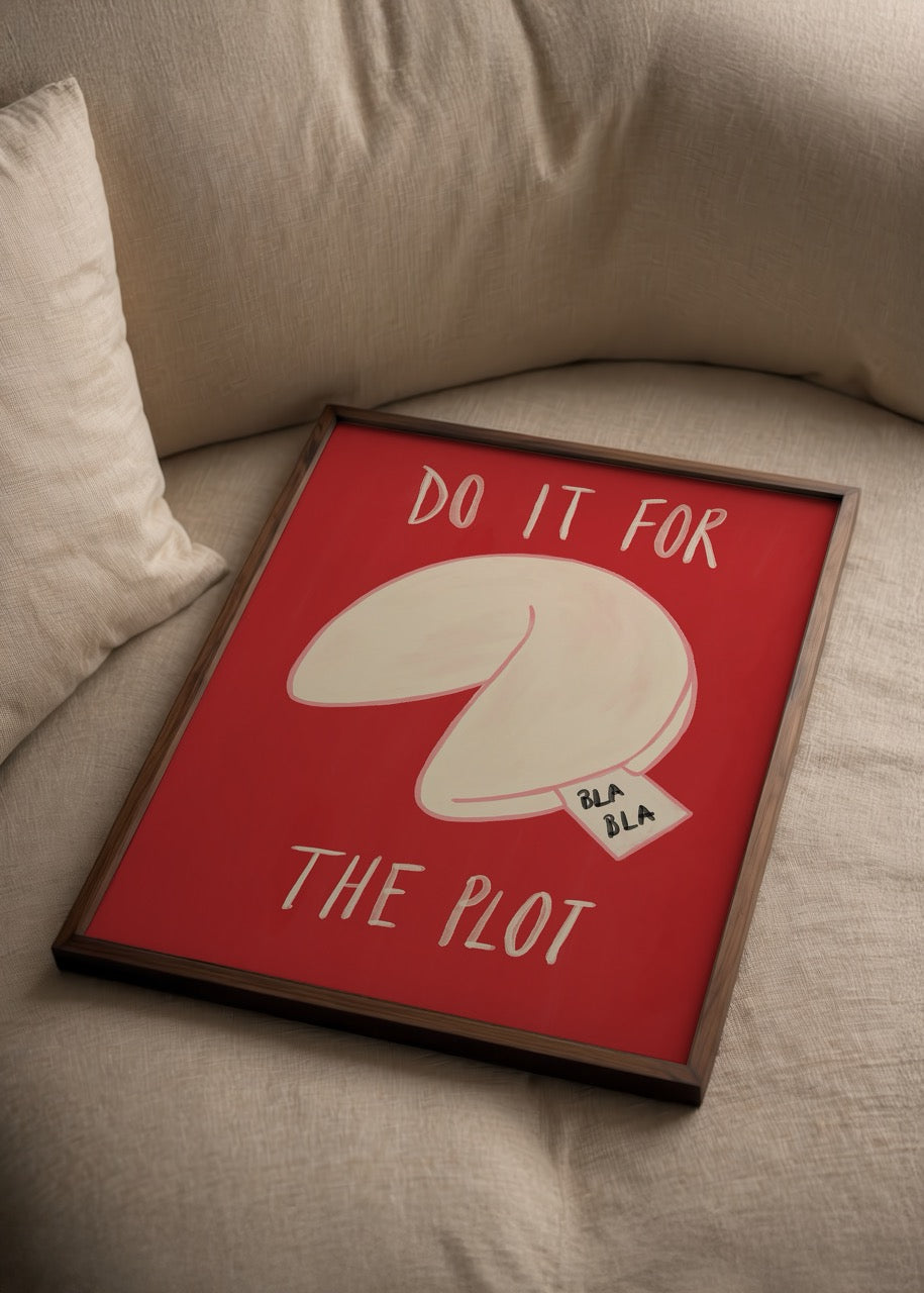 A playful illustration of a fortune cookie with a humorous message, perfect for wall decor.