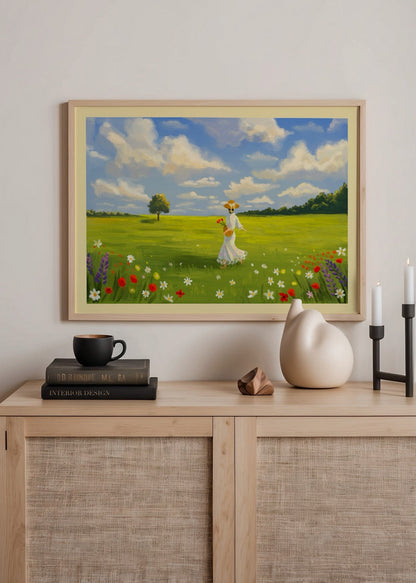 A serene landscape featuring flowers and a figure walking in a sunny field.