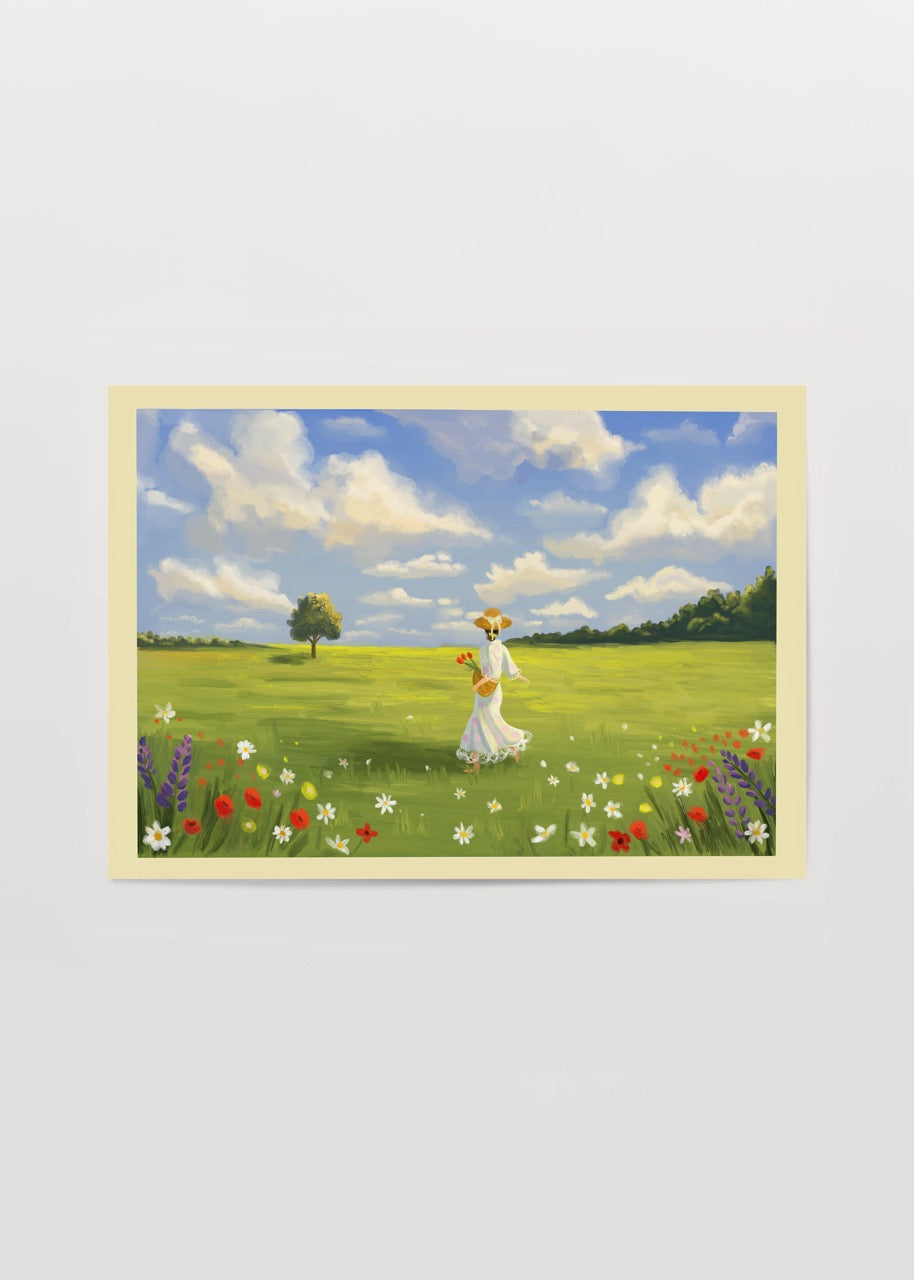 A serene landscape featuring flowers and a figure walking in a sunny field.