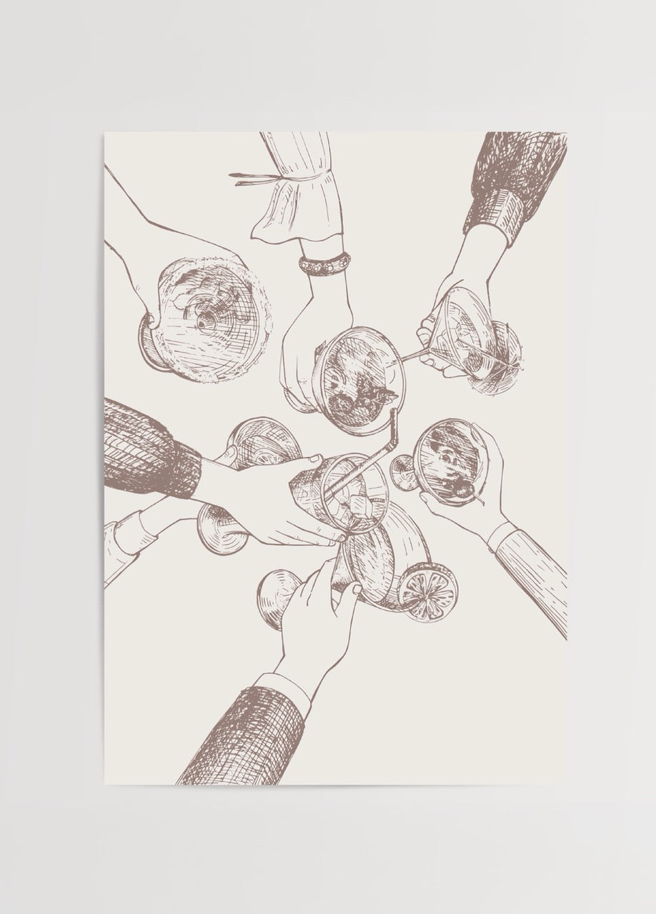 Illustrated wall art featuring hands toasting with drinks, celebrating friendship.