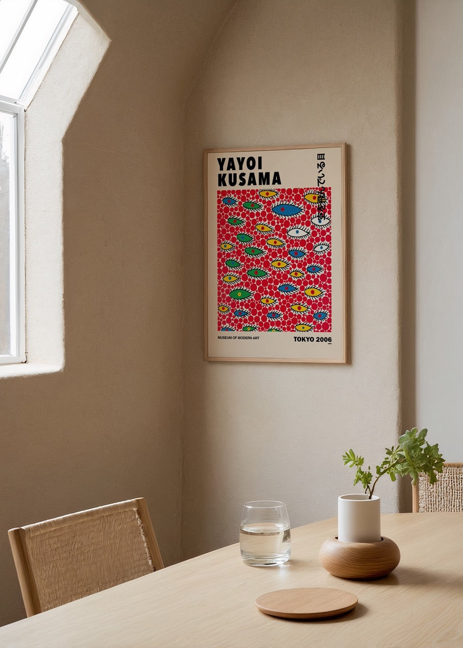 Vibrant wall art featuring colourful eyes and patterns inspired by Tokyo.