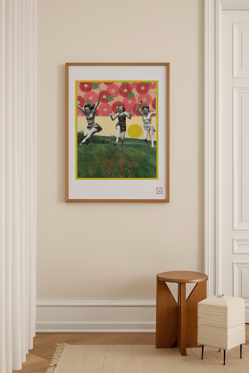 Vibrant poster art featuring joyful figures in a floral landscape.