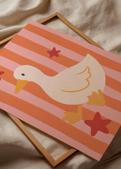 Whimsical duck illustration on pink and orange striped background