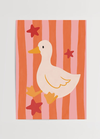 Whimsical duck illustration on pink and orange striped background