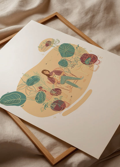 Charming self-portrait illustration with plants, perfect for wall art.