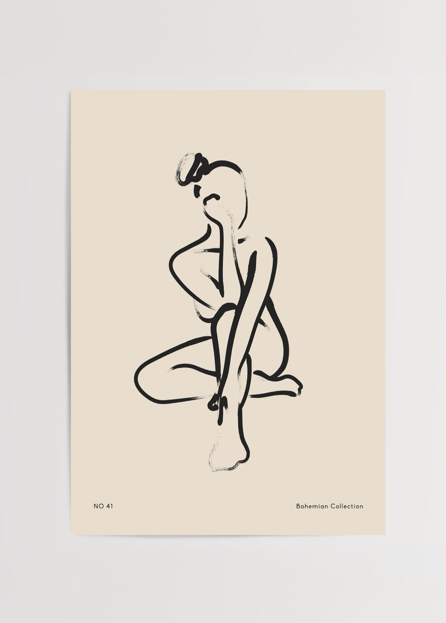 Contemplative minimalist figure art print on beige background.