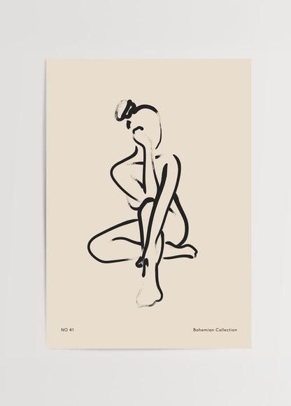 Contemplative minimalist figure art print on beige background.