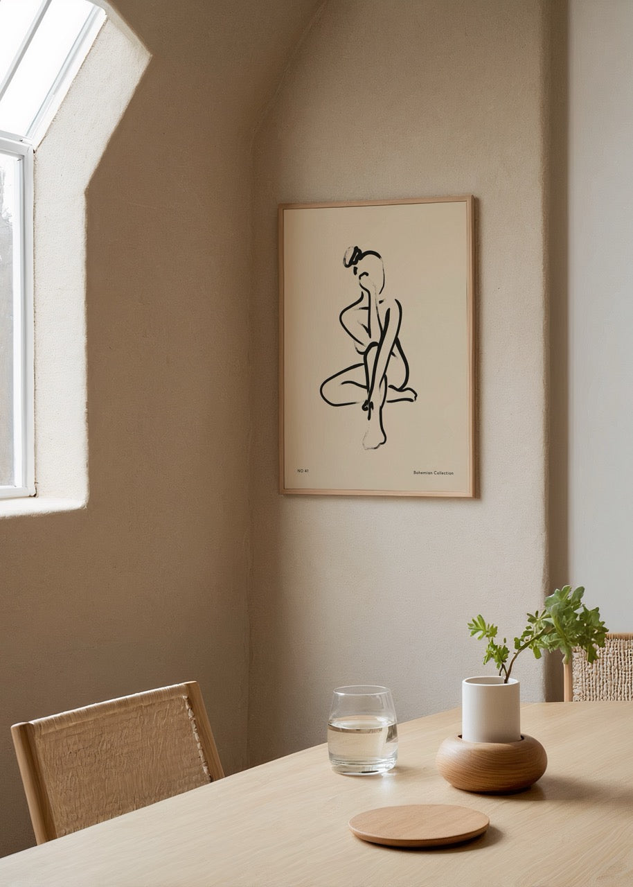 Contemplative minimalist figure art print on beige background.