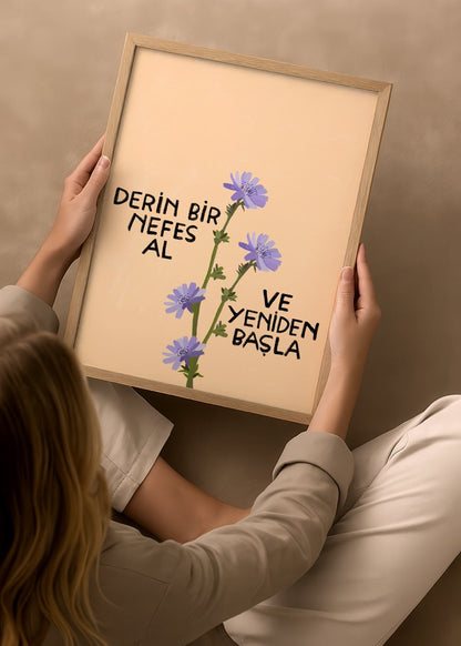 Floral illustration with inspirational text on beige background.