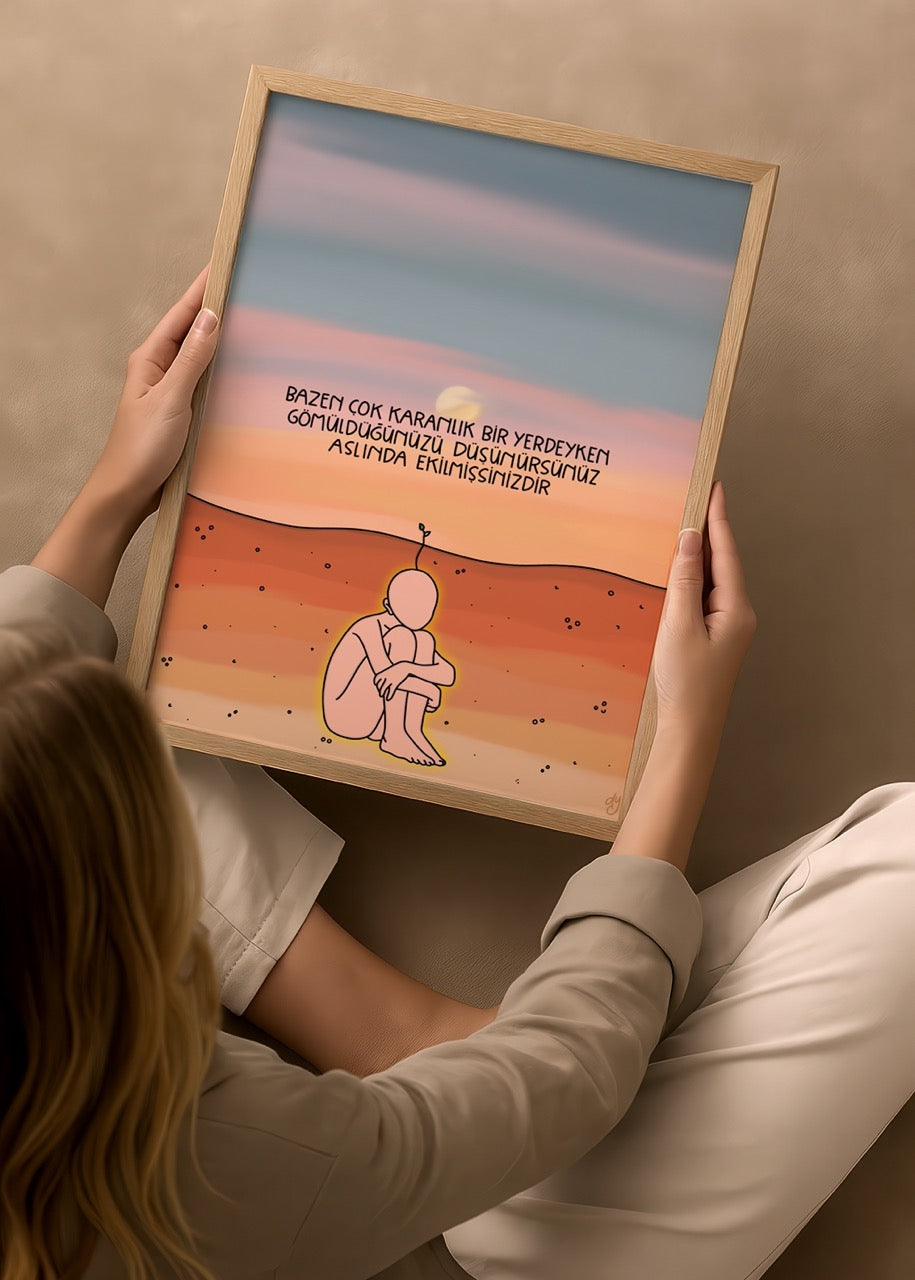 ‘You Must Have Been Sown’ Poster Print depicting a figure in contemplation against a gradient background.