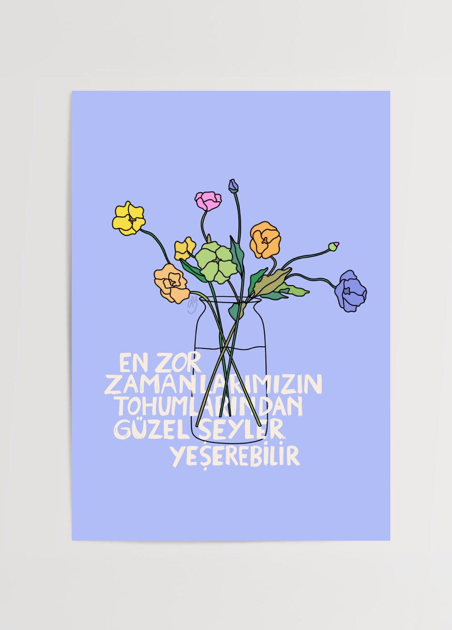 Poster print featuring colorful blooms on a pastel background with inspirational text.