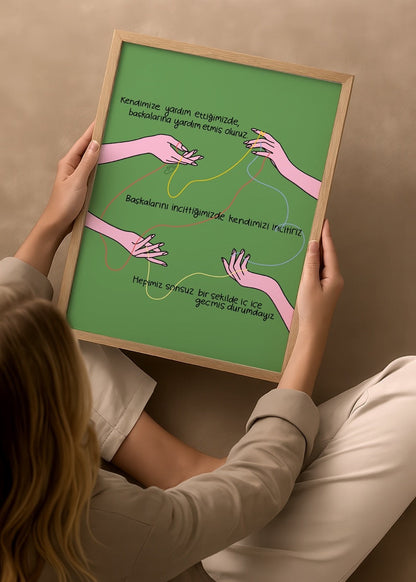 A vibrant poster print featuring intertwined hands on a green background, symbolising unity and connection.