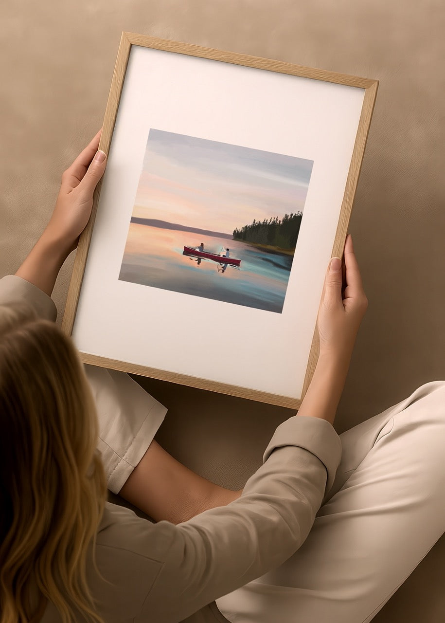 Tranquil sunset over a canoe on a lake, reflecting soft colours.