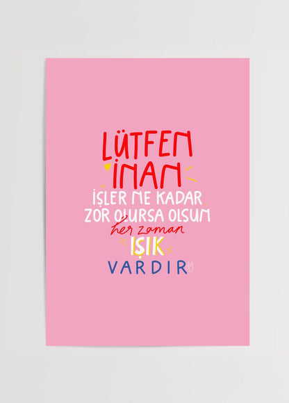 Vibrant poster print with motivational typography on a pink background.