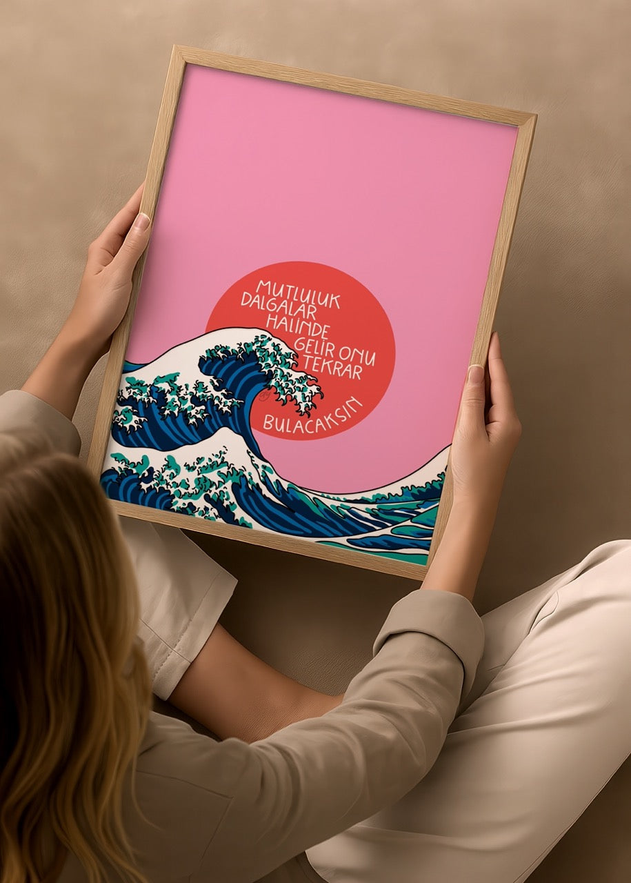 Vibrant poster featuring ocean waves and a pink background, ideal for wall art.