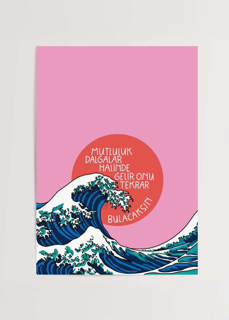 Vibrant poster featuring ocean waves and a pink background, ideal for wall art.