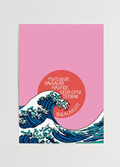 Vibrant poster featuring ocean waves and a pink background, ideal for wall art.