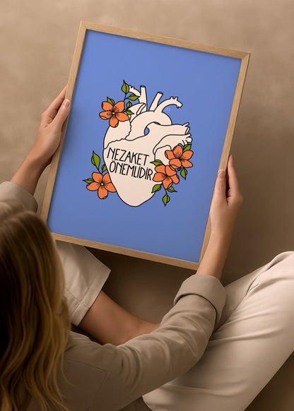Stylised heart illustration with flowers on a blue background, promoting kindness.