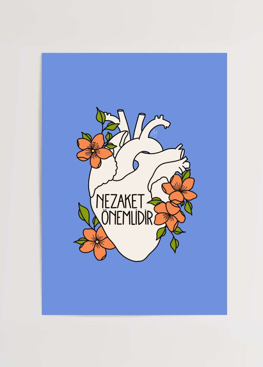 Stylised heart illustration with flowers on a blue background, promoting kindness.