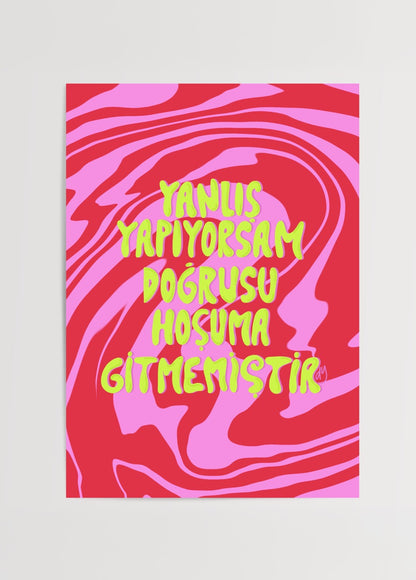 Vibrant poster print with bold typography and abstract swirl design.